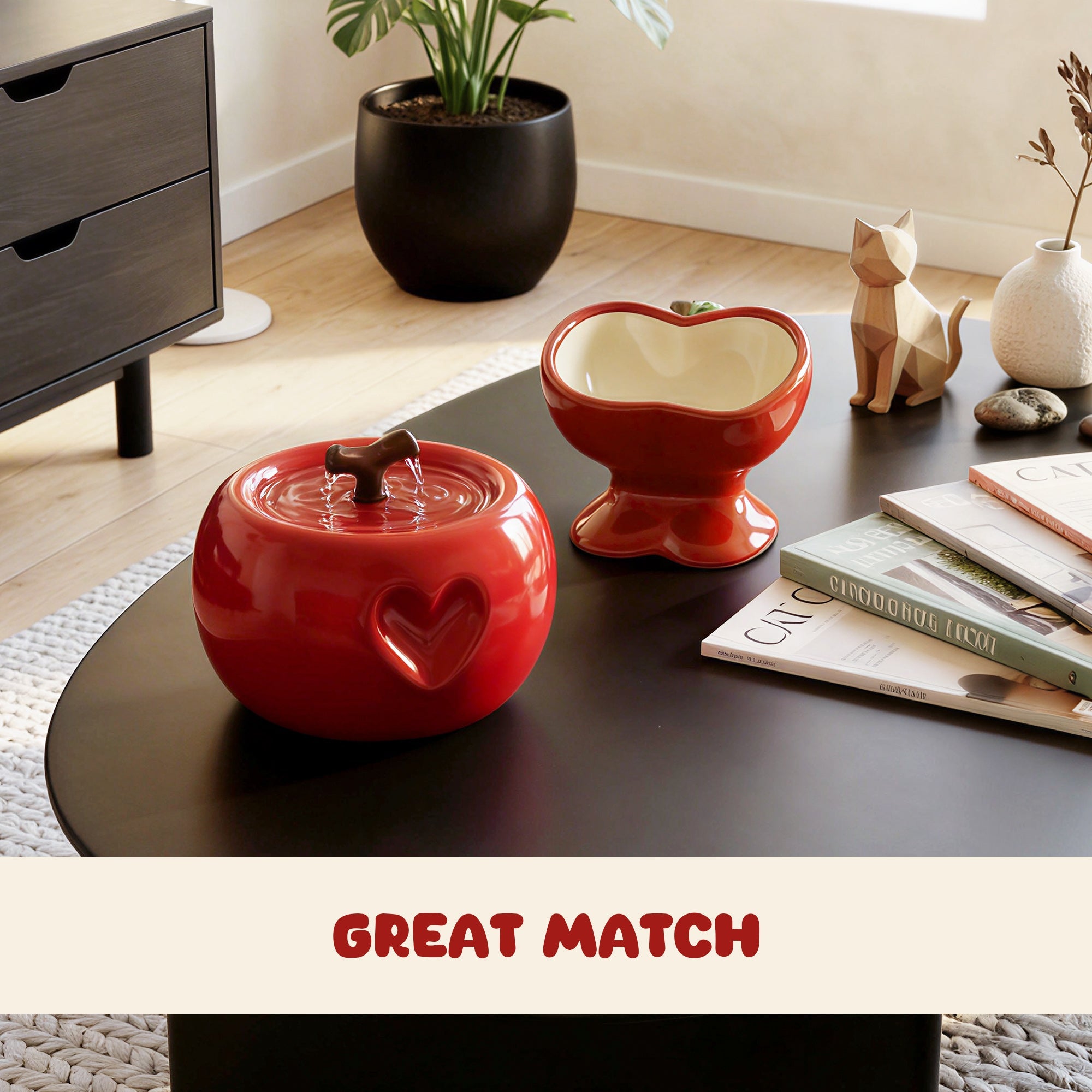 Love Apple Cat Bowl & Fountain Set