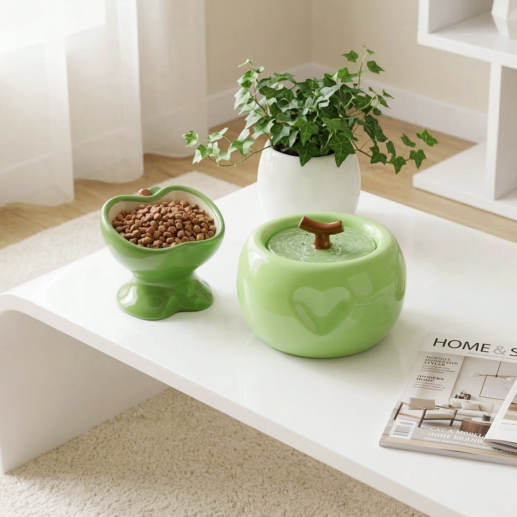 Love Apple Cat Bowl & Fountain Set
