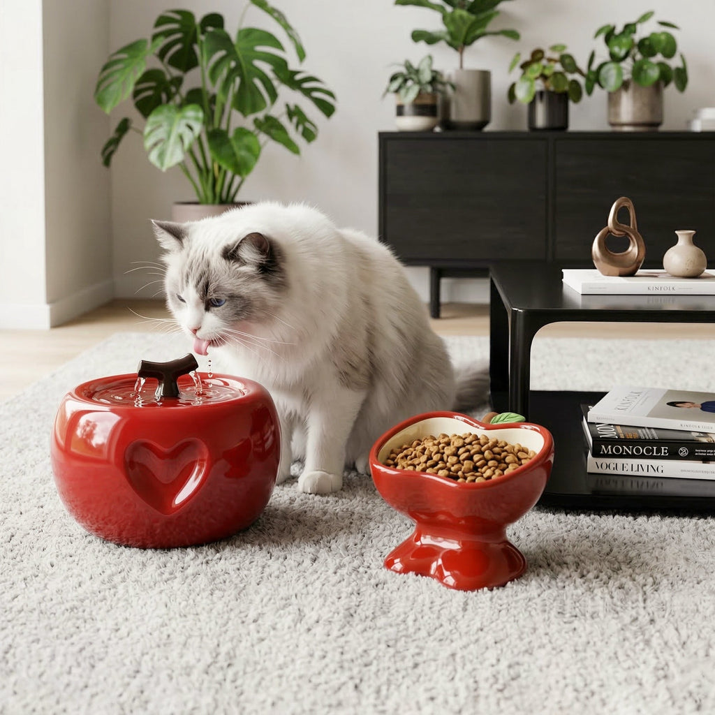 Love Apple Cat Bowl & Fountain Set