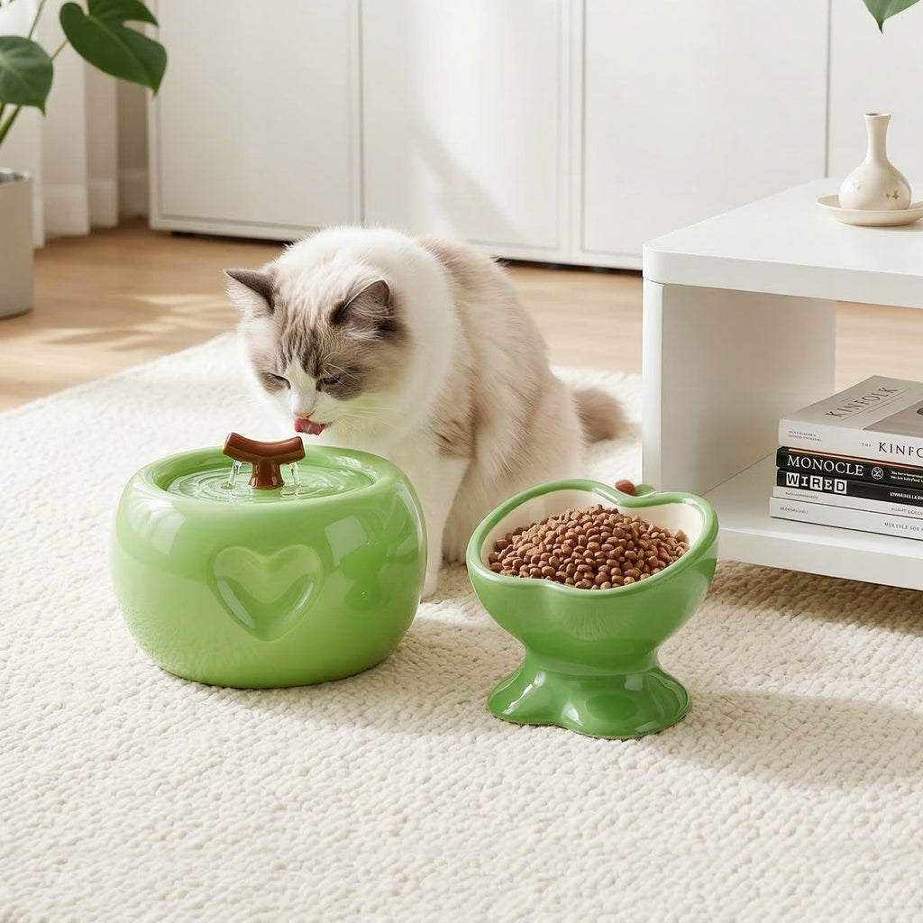 Love Apple Cat Bowl & Fountain Set