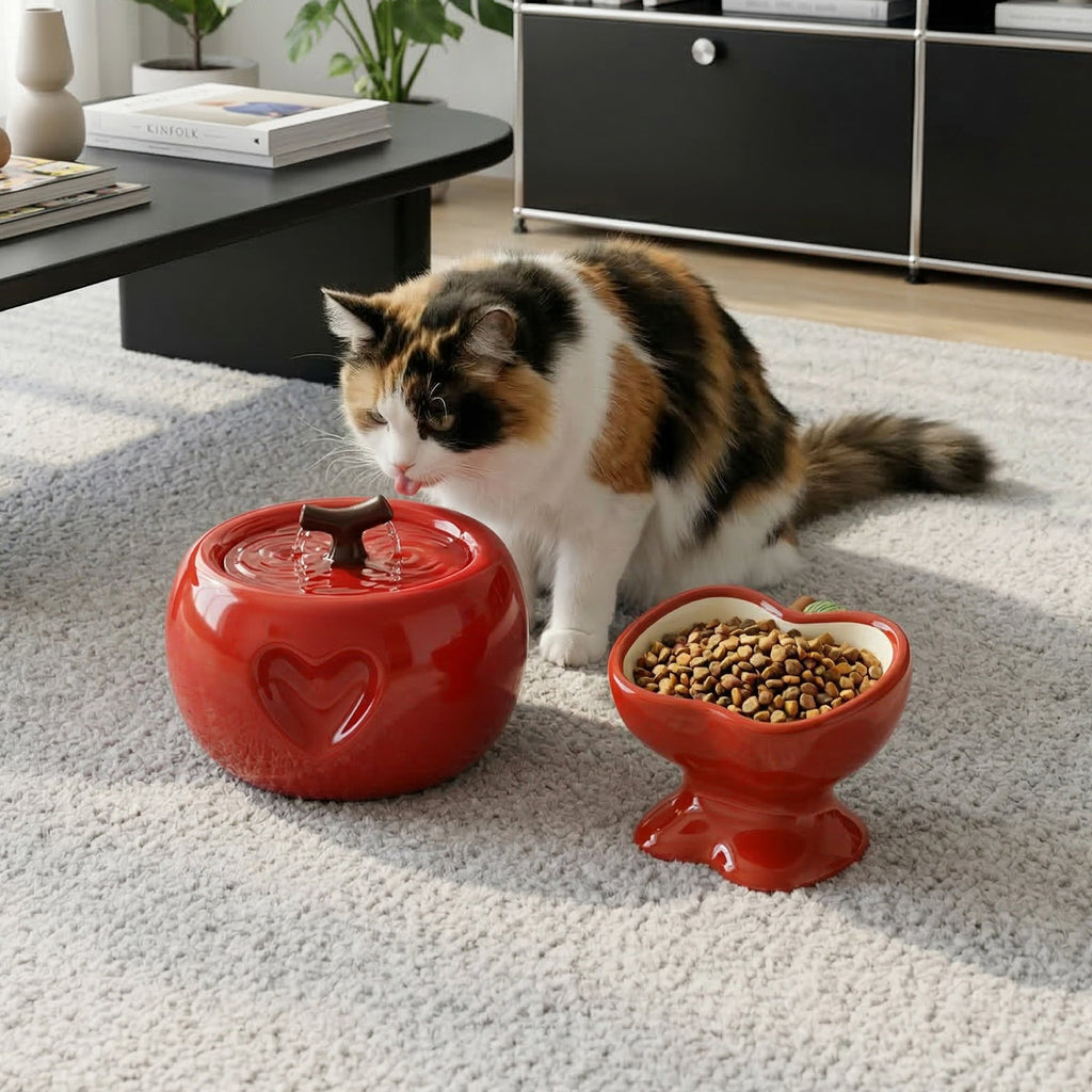Love Apple Cat Bowl & Fountain Set