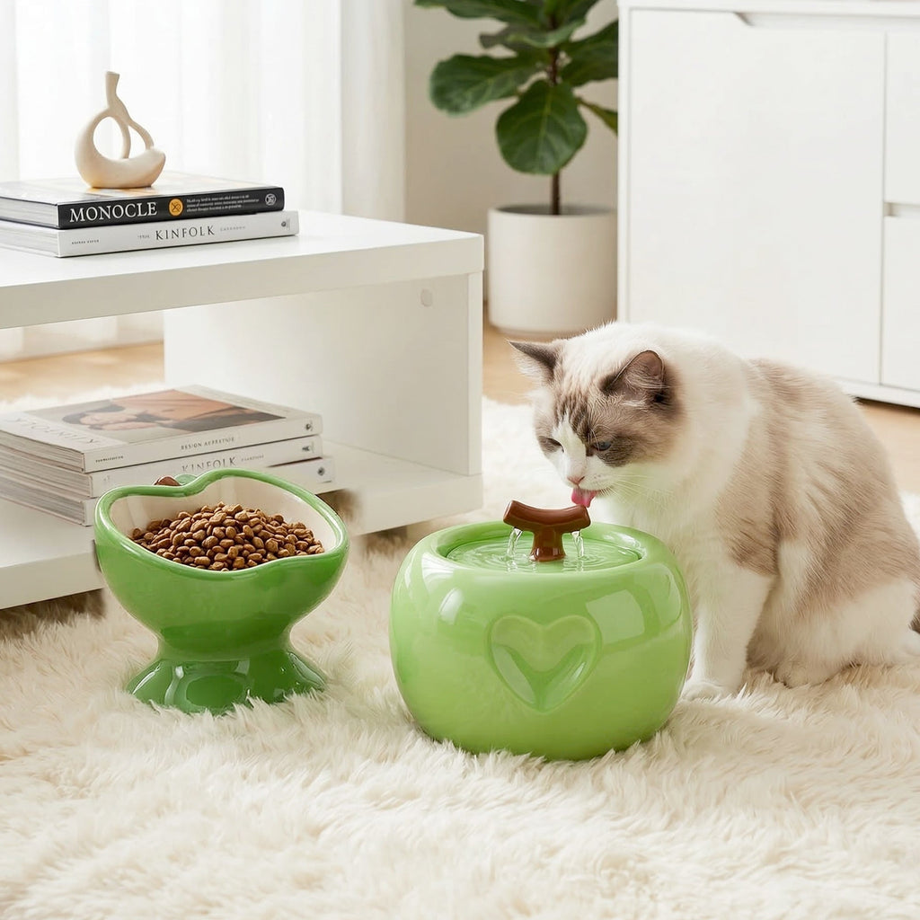 Love Apple Cat Bowl & Fountain Set