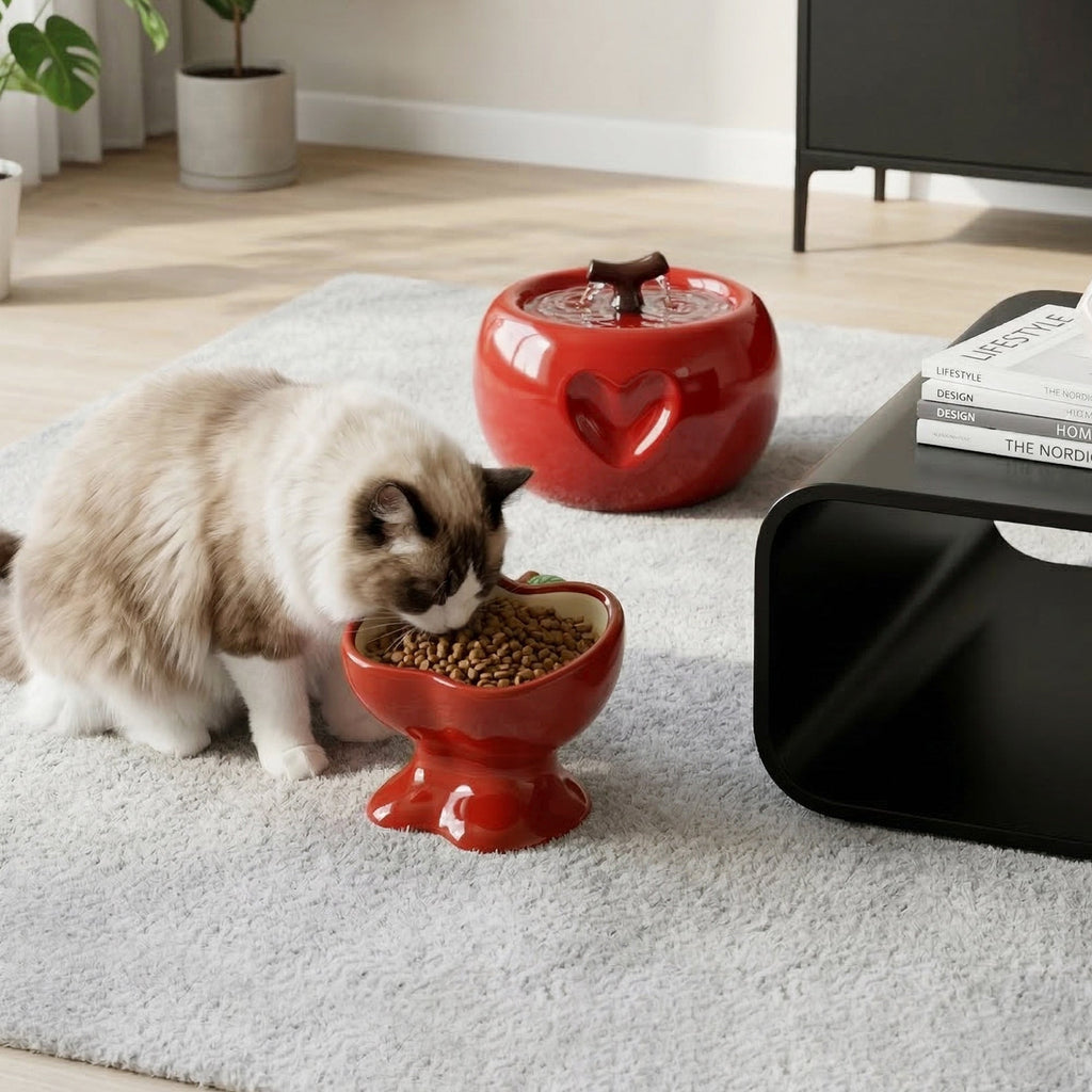 Love Apple Cat Bowl & Fountain Set