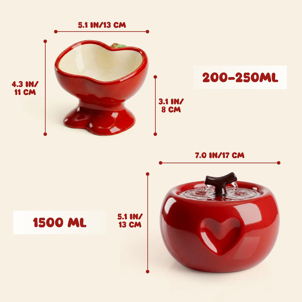 Love Apple Cat Bowl & Fountain Set